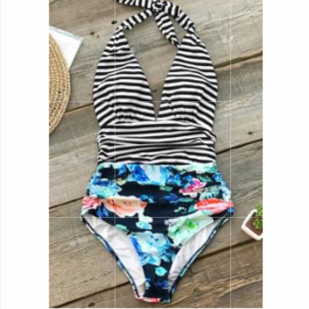 Black Stripe and Floral One-Piece Swimsuit